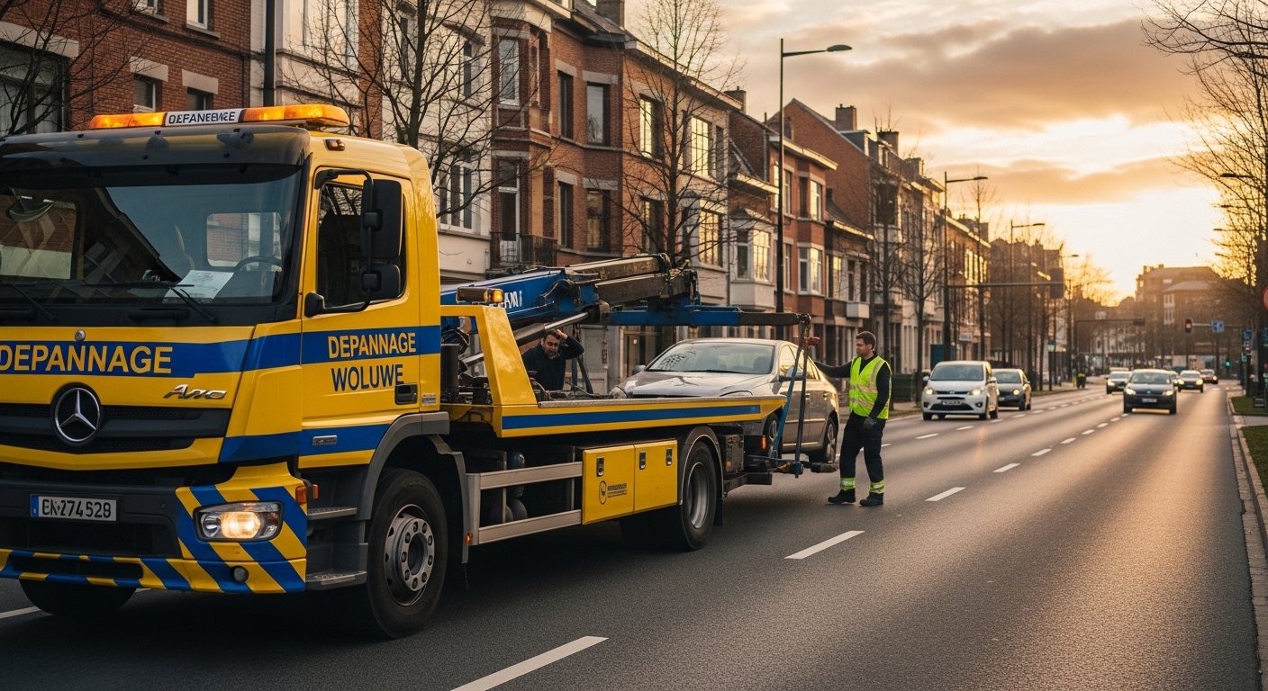 Camion de dépannage voiture à Woluwe-Saint-Lambert chargeant un véhicule.