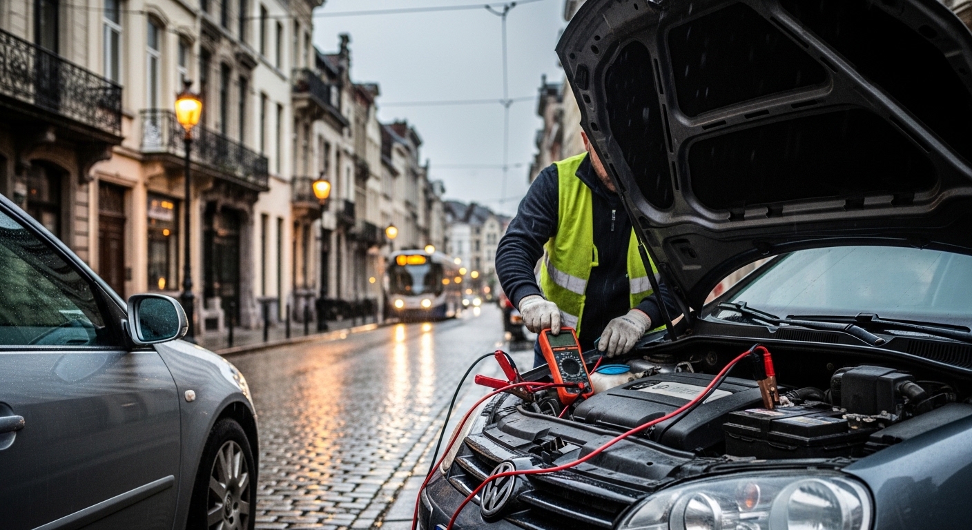 Dépannage d'une batterie voiture bruxelles par un technicien sur une rue pavée.