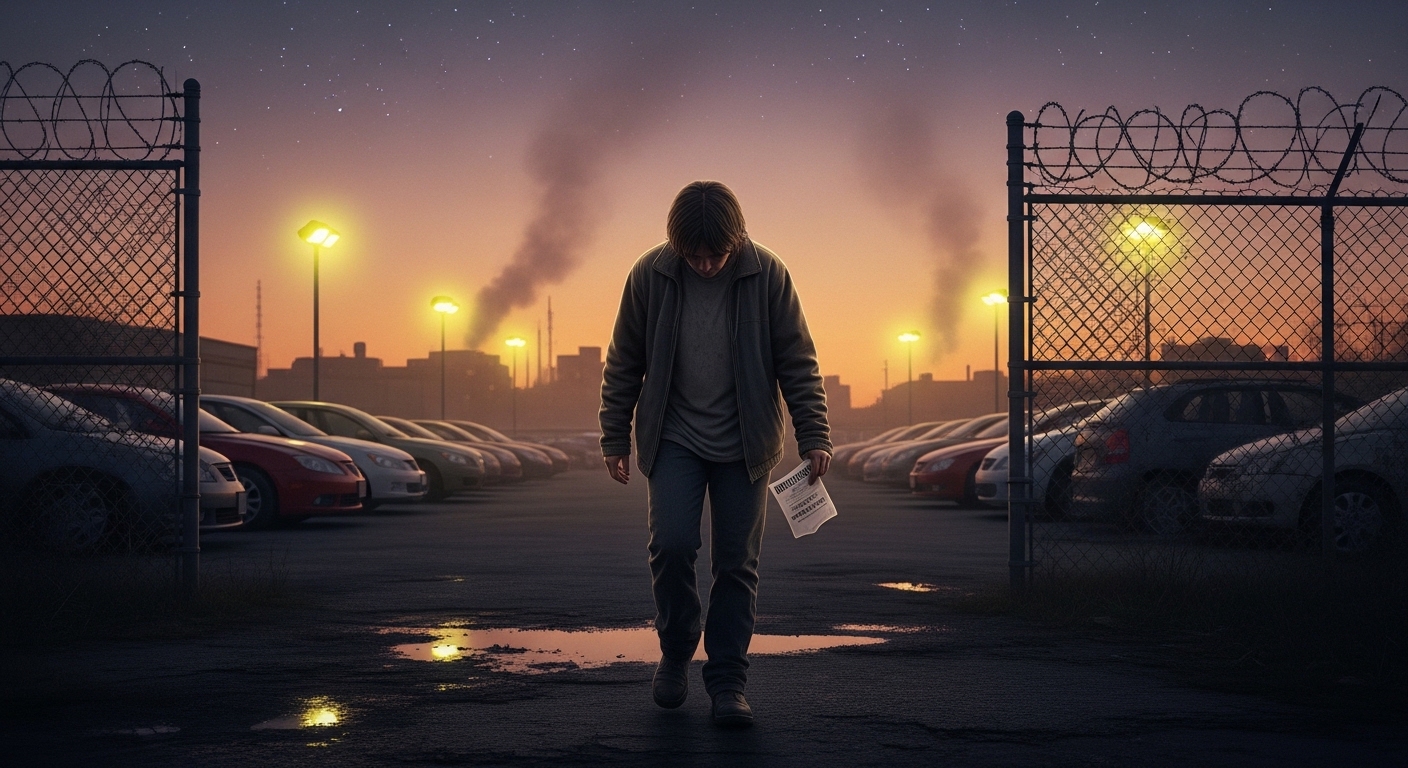 Homme marchant tête baissée dans un parking clôturé au crépuscule.