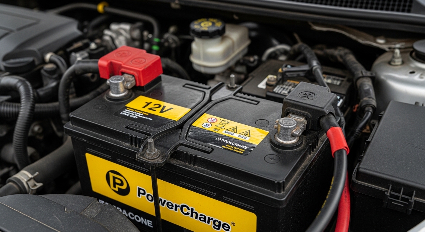 Gros plan d'une batterie voiture Bruxelles 12V installée sous le capot.