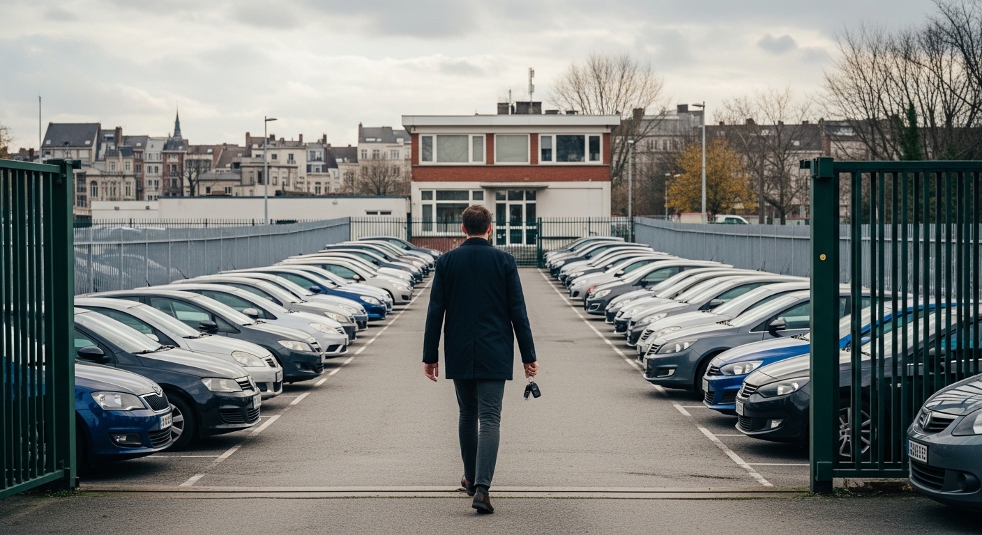 Homme de dos marchant dans un parking de voitures avec des clés à la main