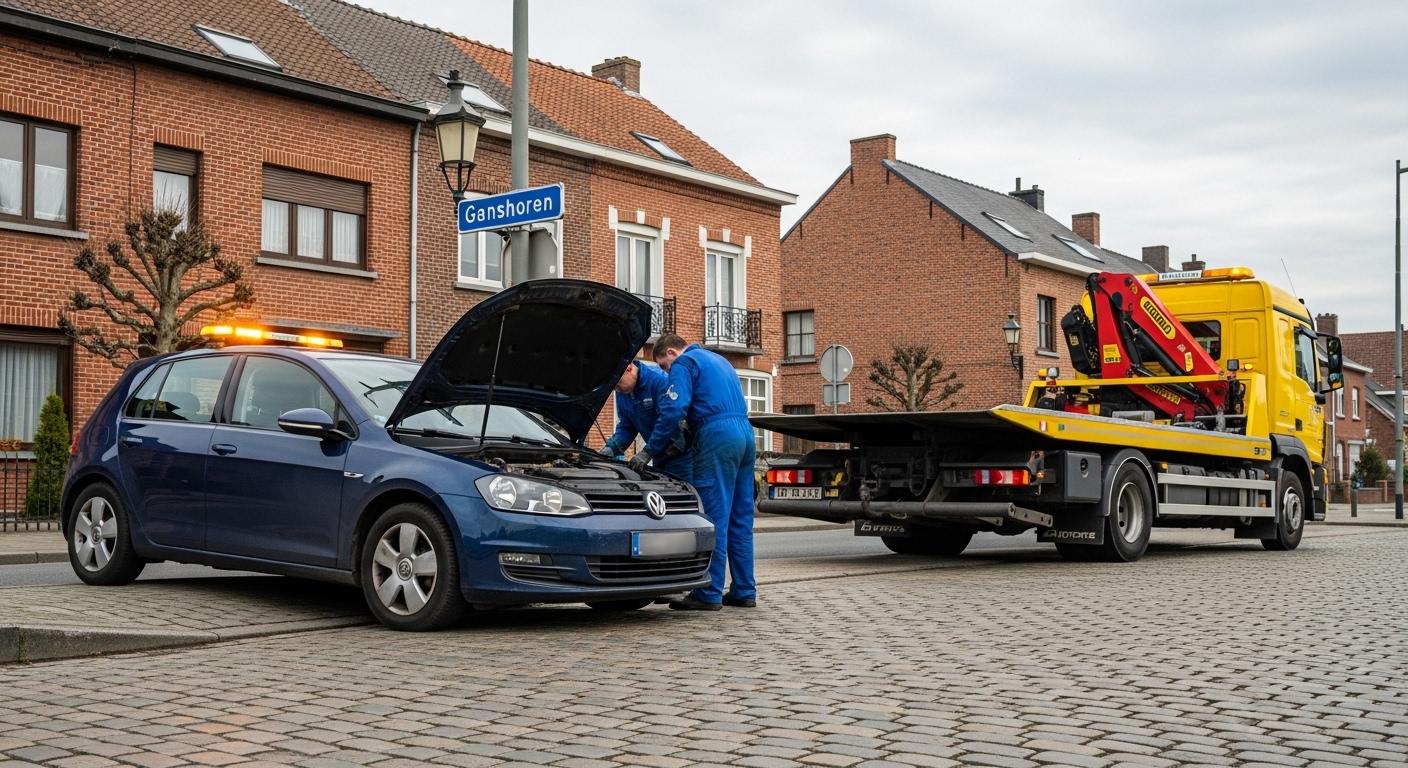 Dépannage d'une voiture bleue à Ganshoren par deux techniciens et un camion plateau.