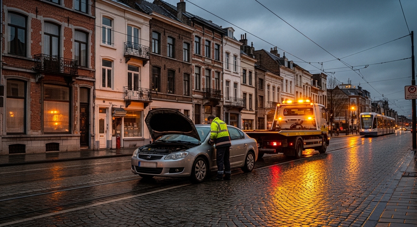 Dépannage voiture à Anderlecht : mécanicien et dépanneuse intervenant sur une berline grise.