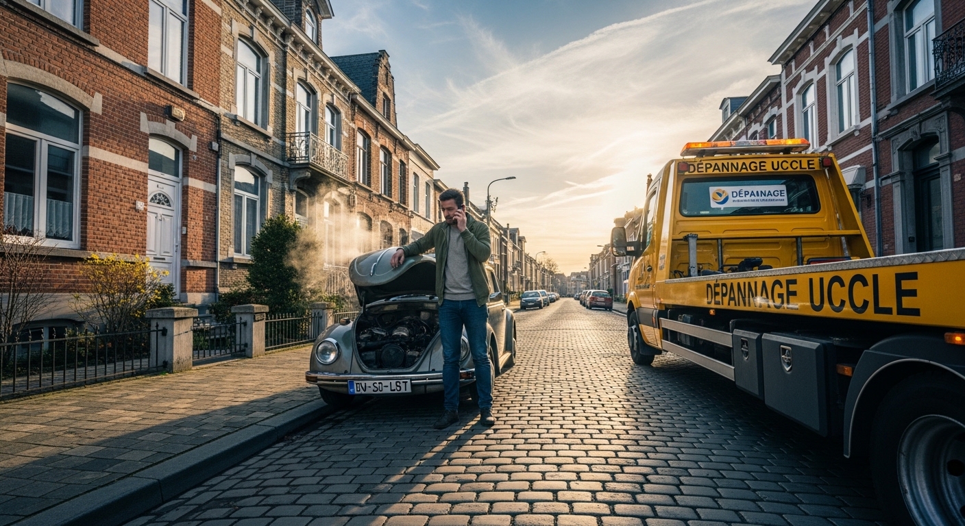 Dépannage voiture à Uccle pour une Coccinelle grise en panne dans une rue pavée.