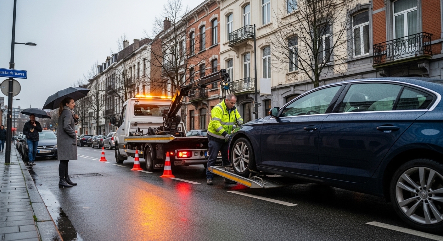 Dépannage voiture Auderghem : remorquage d'une berline bleue par un camion plateau