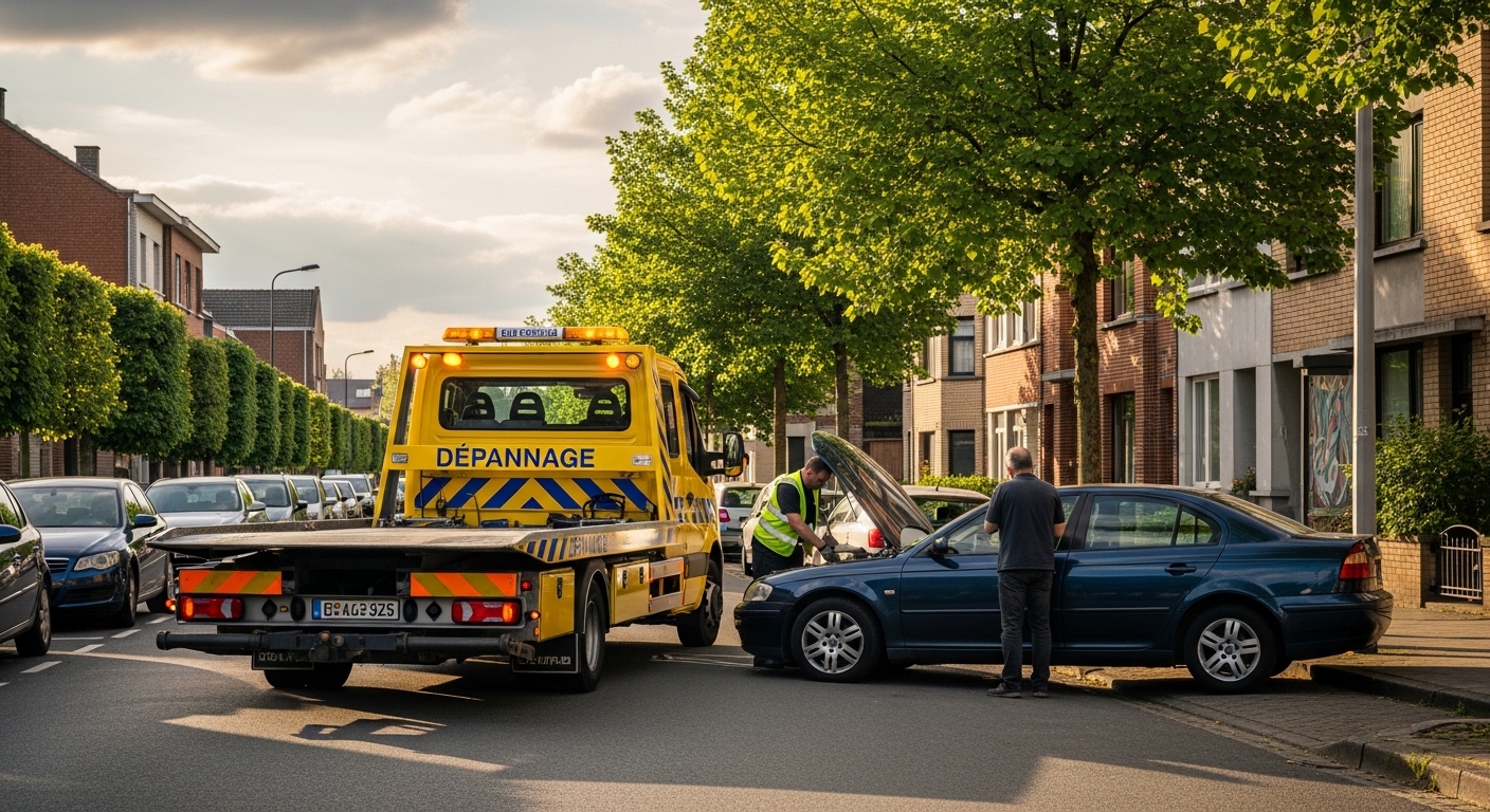 Dépannage voiture Berchem-Sainte-Agathe avec un mécanicien et une dépanneuse jaune.