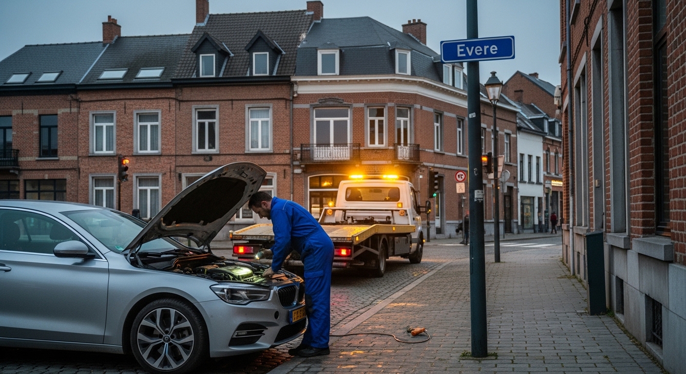 Dépannage voiture Evere : mécanicien examinant le moteur d'une voiture en panne