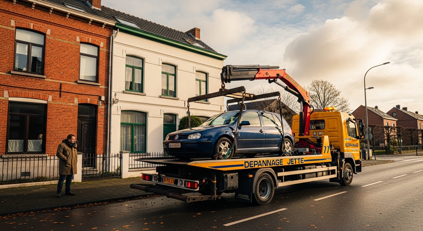 Dépannage voiture Jette : une dépanneuse jaune soulève une voiture bleue en ville.