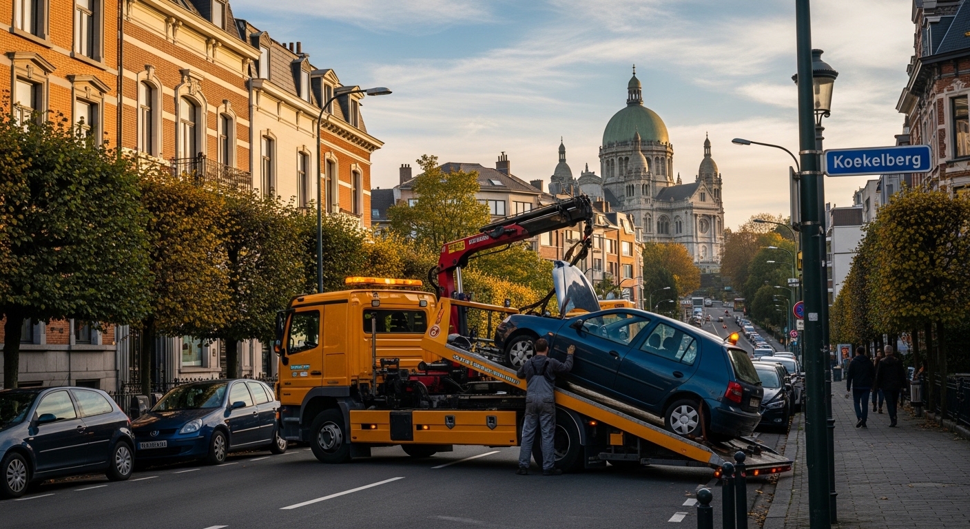 Dépannage voiture Koekelberg : remorquage d'un véhicule bleu sur un camion jaune.