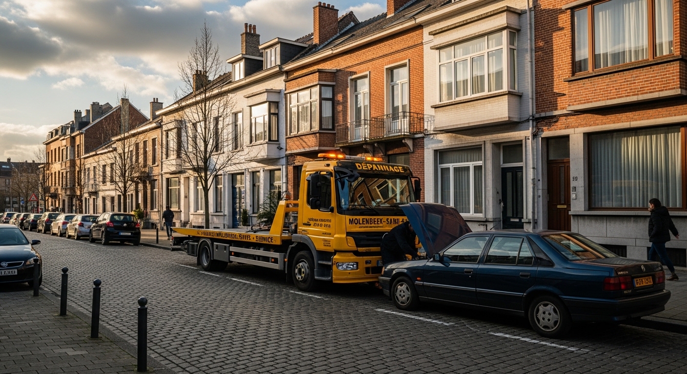Dépannage voiture Molenbeek-Saint-Jean avec un camion jaune et une berline bleue