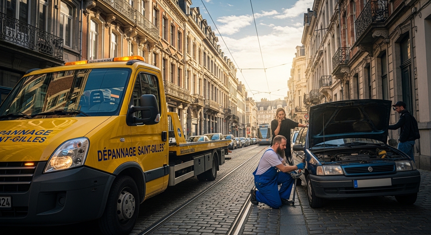 Dépannage voiture Saint-Gilles : camion jaune et mécanicien intervenant sur un véhicule.