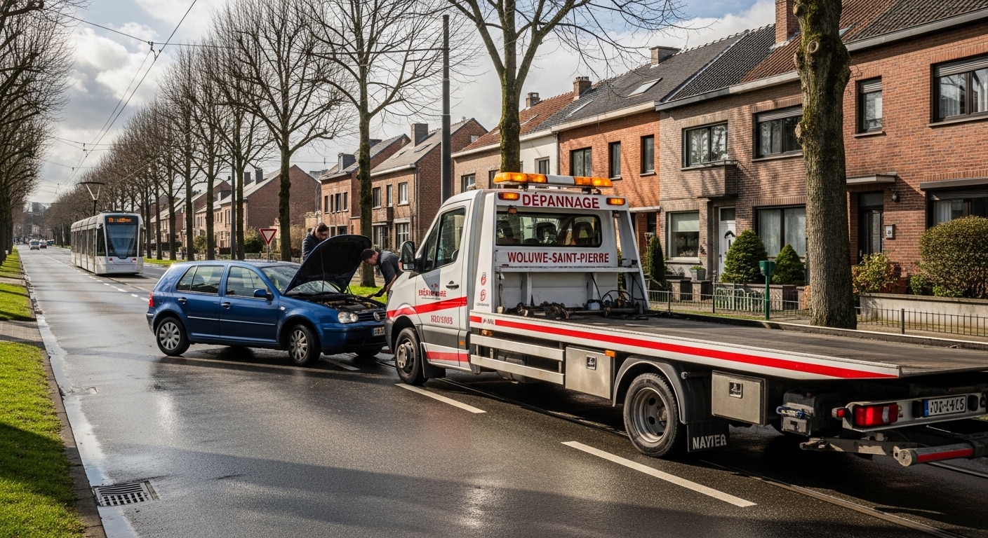Dépannage voiture Woluwe-Saint-Pierre : dépanneuse intervenant sur un véhicule bleu.