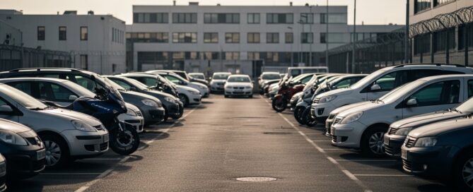 Parking extérieur avec des rangées de voitures et une moto bleue au premier plan.