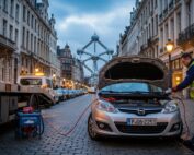 Dépannage et remplacement de batterie voiture à Bruxelles avec vue sur l'Atomium.