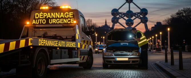 Dépanneuse et mécanicien intervenant sur une voiture en panne devant l'Atomium de nuit.