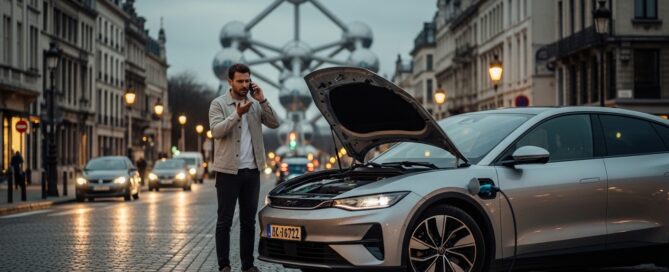 Conducteur avec une voiture en panne à Bruxelles, capot ouvert devant l'Atomium.