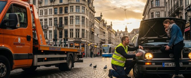 Dépanneuse orange et voiture grise en panne avec capot ouvert sur une place pavée.