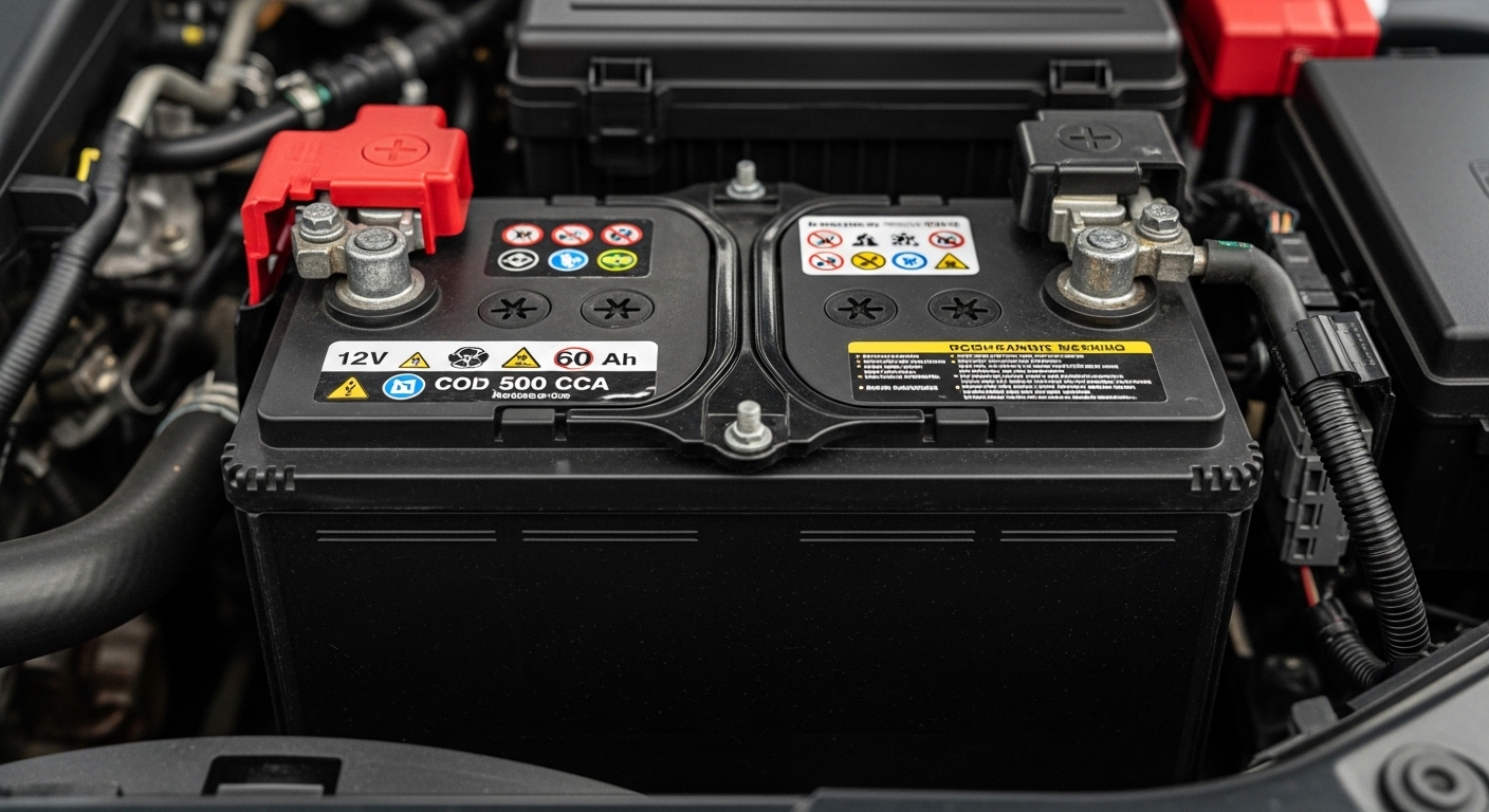Gros plan d'une batterie de voiture 12V pour un dépannage batterie voiture Bruxelles.