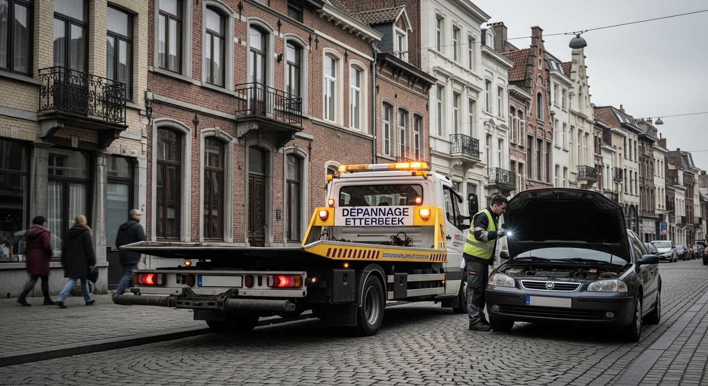 Intervention de dépannage voiture à Etterbeek avec une dépanneuse et un mécanicien.