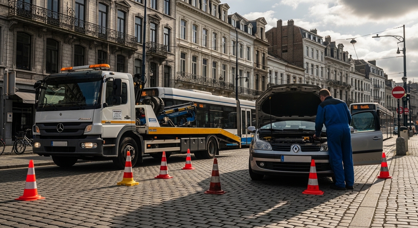 Intervention de dépannage voiture à Ixelles avec dépanneuse et mécanicien.