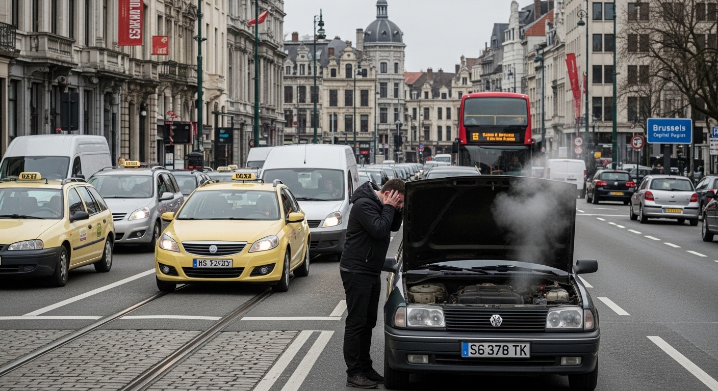 Un homme devant sa voiture en panne avec de la fumée sortant du moteur dans une rue de Bruxelles.