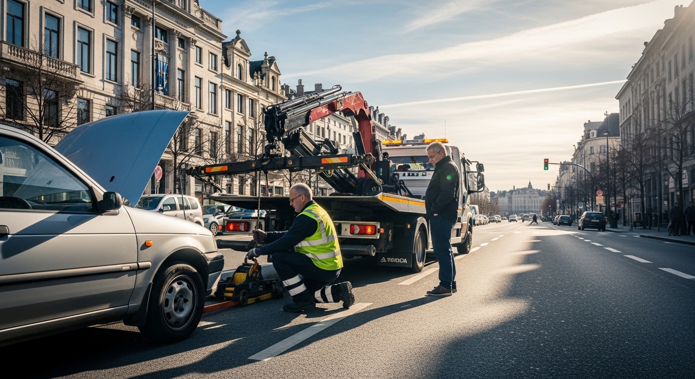 Dépanneur en gilet jaune intervenant sur une voiture grise en panne en ville