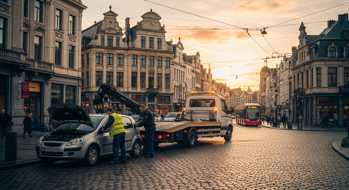 Dépanneuse et techniciens intervenant sur une voiture en panne dans une rue pavée de Bruxelles.