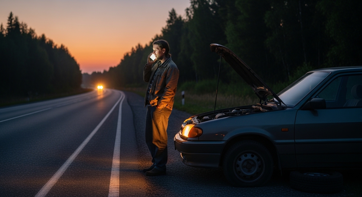 Homme appelant pour un dépannage voiture Bruxelles urgence près de son véhicule en panne.