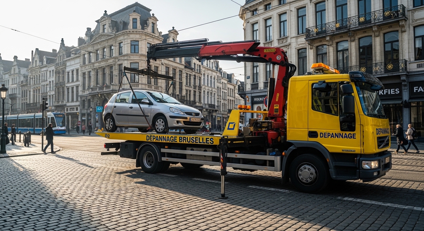 Camion de dépannage jaune remorquant une voiture en panne à Bruxelles sur une place pavée.