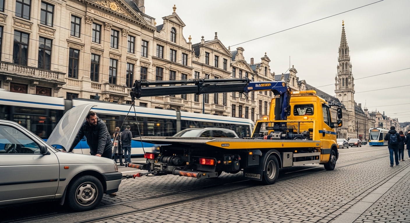Dépanneuse jaune et voiture en panne avec capot ouvert sur une rue pavée à Bruxelles.