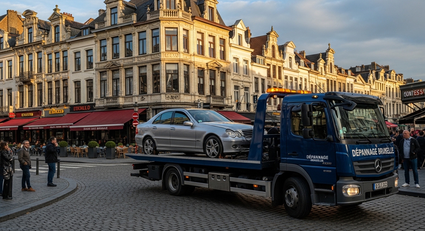Dépannage voiture Bruxelles urgence : camion bleu remorquant une berline grise.