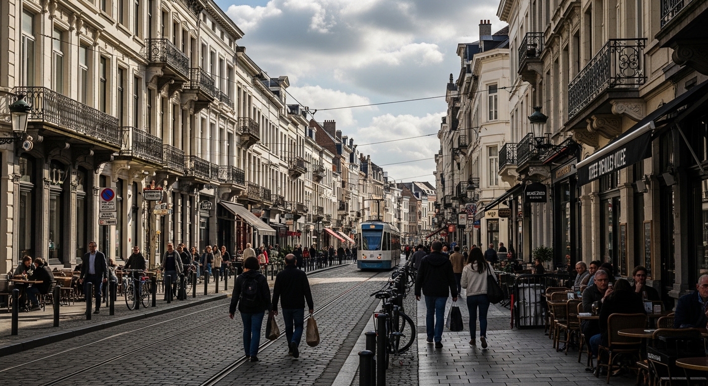 Rue animée d'Ixelles à Bruxelles avec tramway et architecture classique.