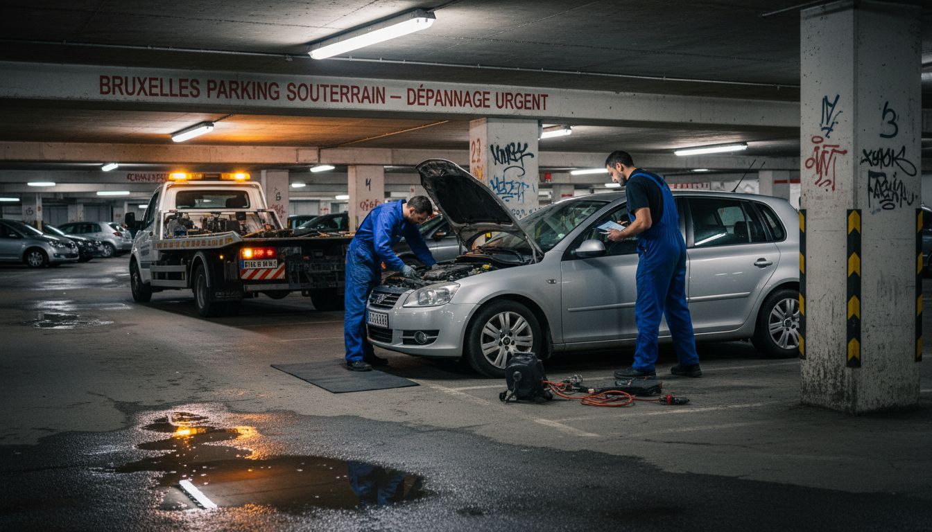 Dépannage parking souterrain bruxelles d'une voiture grise par deux mécaniciens