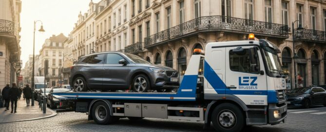 Camion de remorquage voiture LEZ Bruxelles transportant un SUV gris en ville.