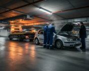 Dépannage parking souterrain bruxelles : techniciens inspectant une voiture en panne.