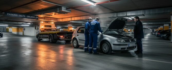 Dépannage parking souterrain bruxelles : techniciens inspectant une voiture en panne.