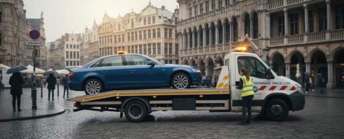 Dépannage voiture à Bruxelles le dimanche : remorquage d'une berline bleue.