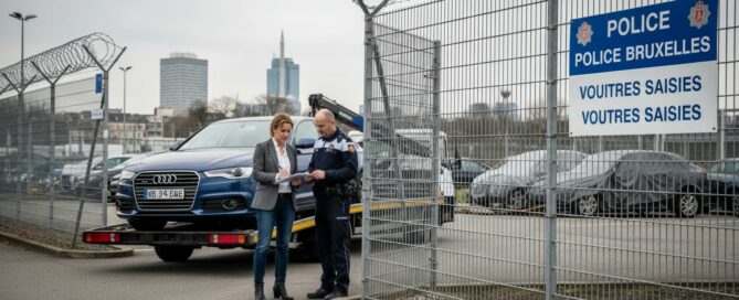 Femme et policier devant une voiture bleue sur dépanneuse pour récupérer voiture saisie police Bruxelles.