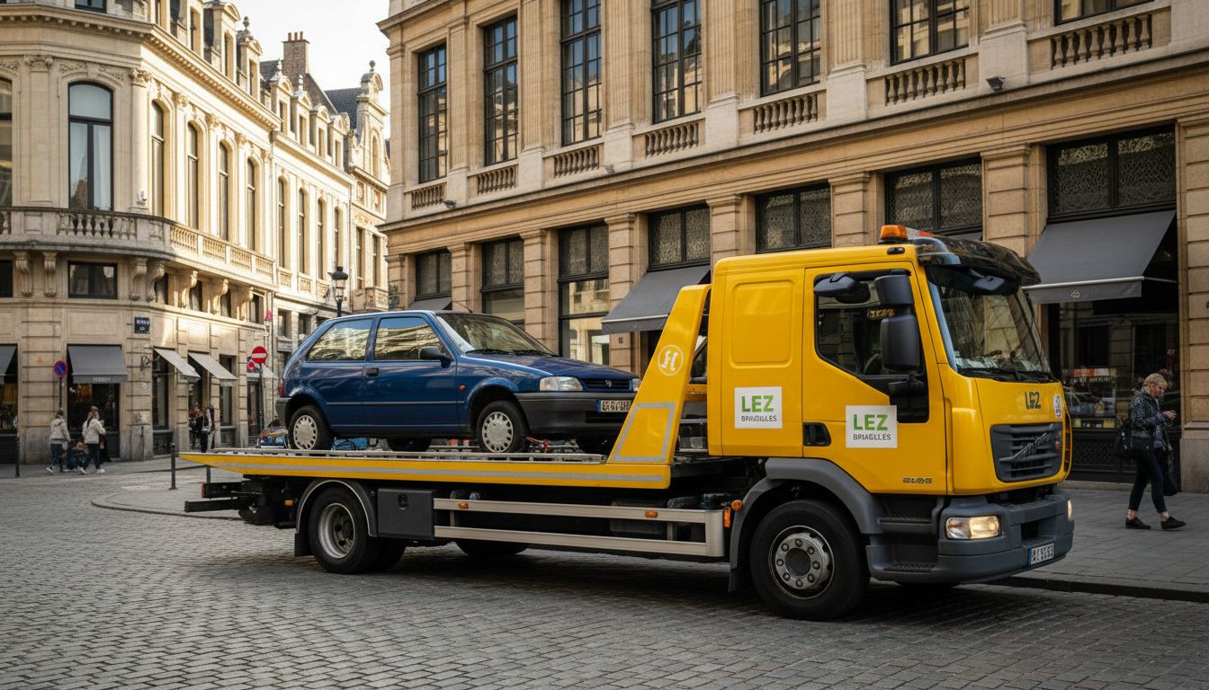 Remorquage voiture LEZ Bruxelles : camion plateau jaune transportant une citadine bleue.