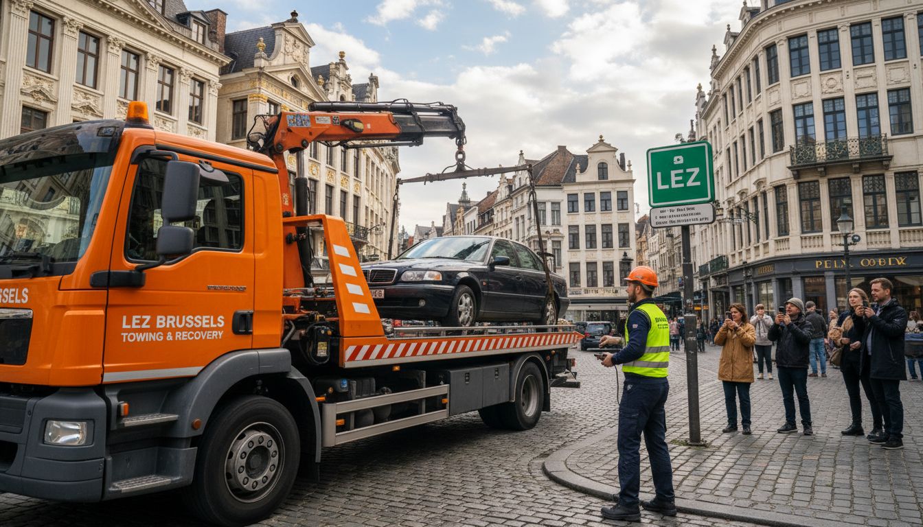 Remorquage voiture LEZ Bruxelles par un camion orange avec grue en zone urbaine.