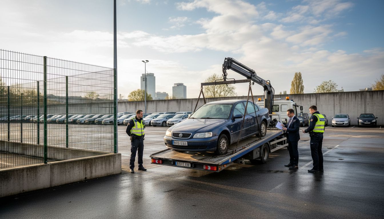 Voiture sur dépanneuse dans une fourrière pour récupérer une voiture saisie à Bruxelles.