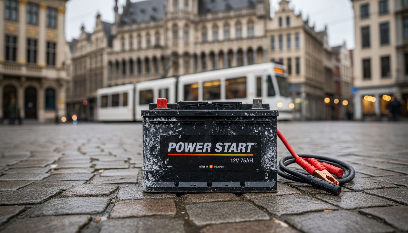 Batterie voiture à plat Bruxelles avec câbles de démarrage sur pavés Grand-Place