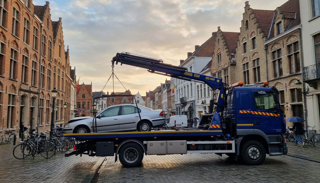 Dépanneuse bleue en plein remorquage de voiture dans une rue en Belgique.