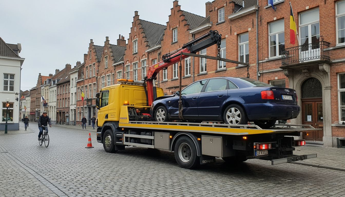 Dépanneuse jaune chargeant une voiture bleue dans une rue en Belgique.