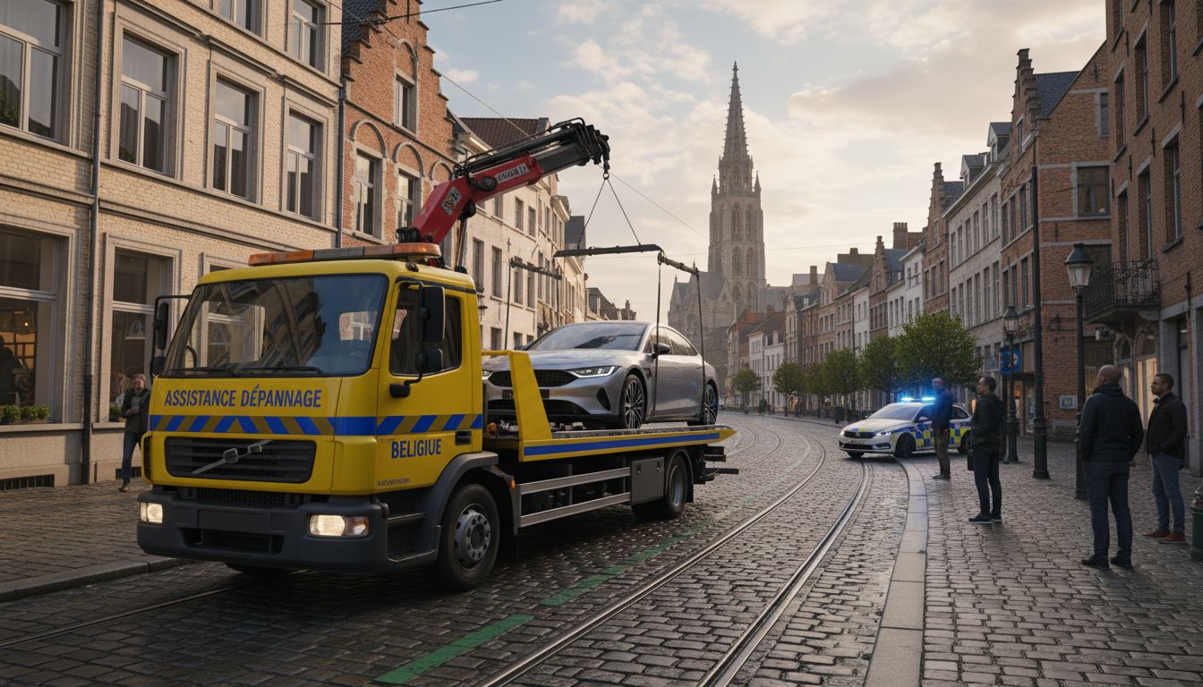 Dépanneuse jaune effectuant un remorquage de voiture électrique à Bruxelles.