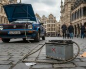 Batterie voiture à plat sur la Grand-Place de Bruxelles avec VW Golf capot ouvert