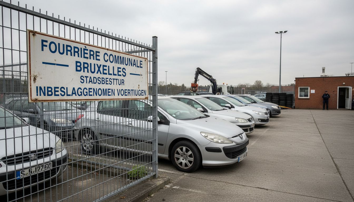 Fourrière communale de Bruxelles avec véhicules saisis garés dans l'enceinte sécurisée