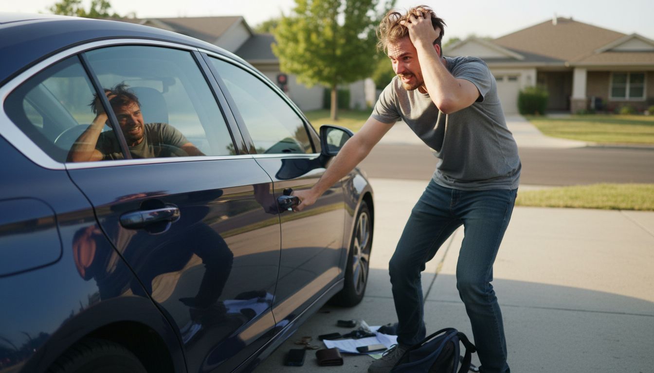 Homme paniqué devant sa voiture bleue verrouillée suite à des clés oubliées.