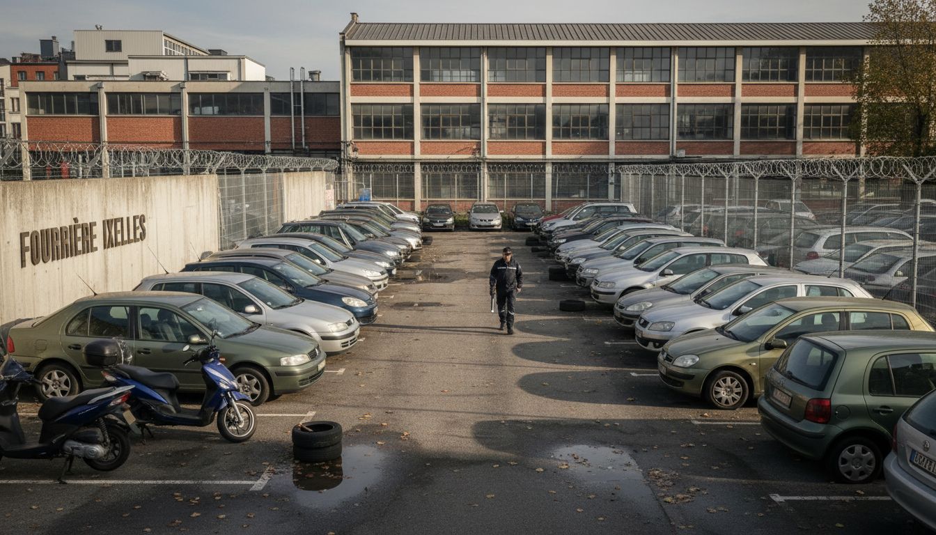 Parc de la fourrière Ixelles avec de nombreux véhicules en stationnement.