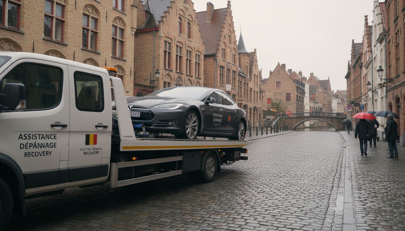 Service de remorquage voiture électrique bruxelles sur rue pavée